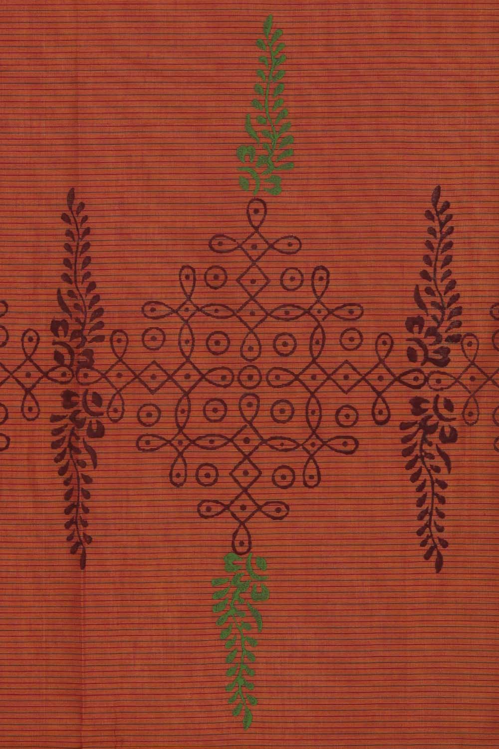 Orange & rust hand block printed south cotton saree.