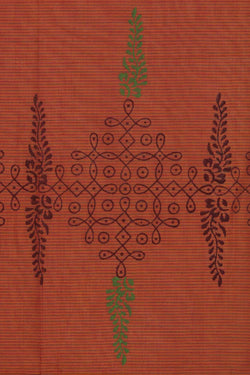 Image of Orange & rust hand block printed south cotton saree.
