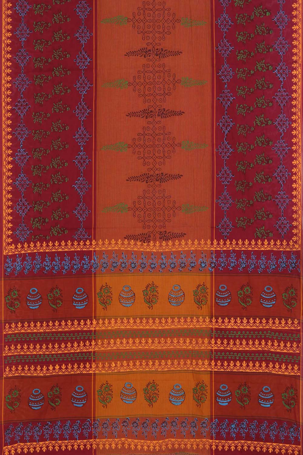 Orange & rust hand block printed south cotton saree.