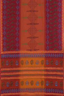 Image of Orange & rust hand block printed south cotton saree.