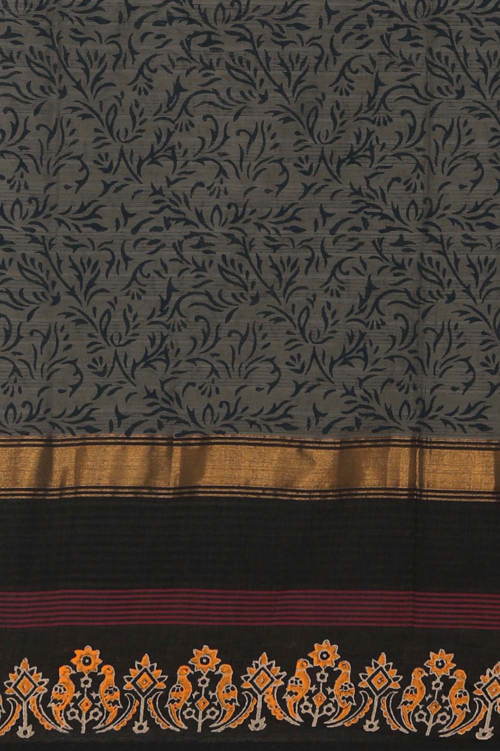 Grey hand block printed south cotton saree.