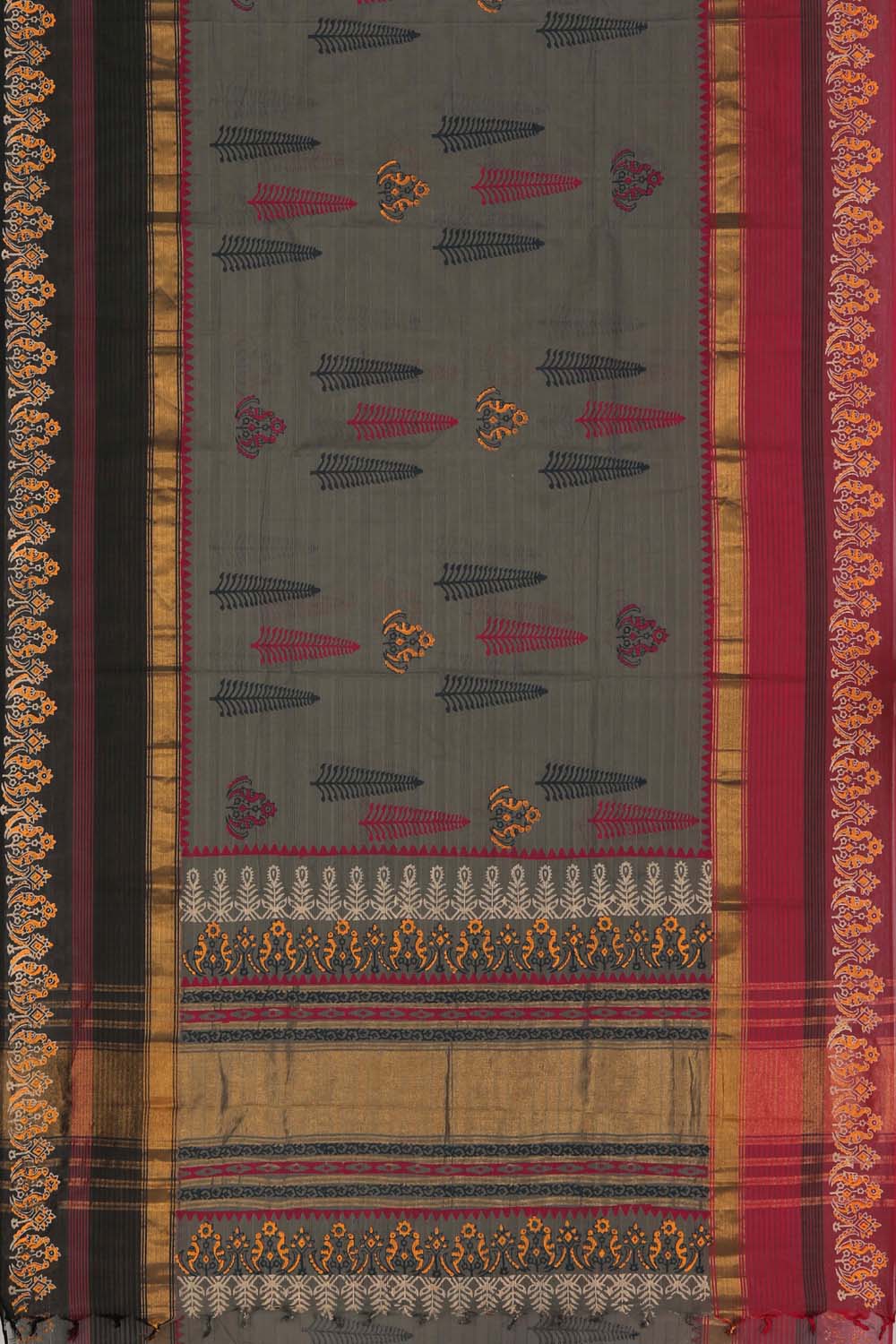 Grey hand block printed south cotton saree.