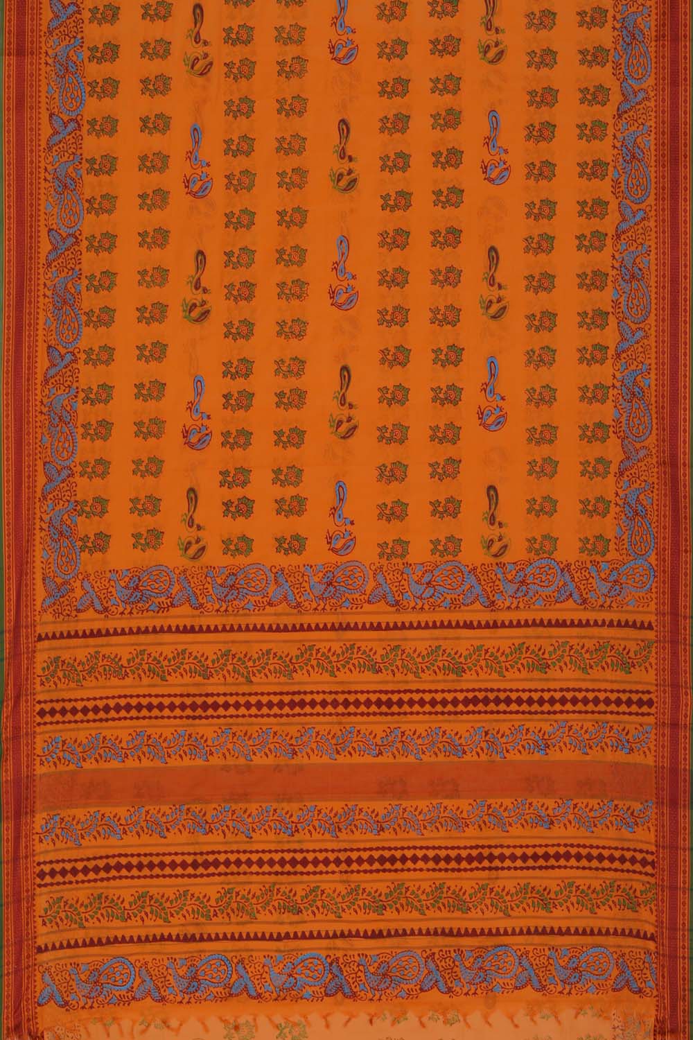 Mustard yellow hand block printed south cotton saree.