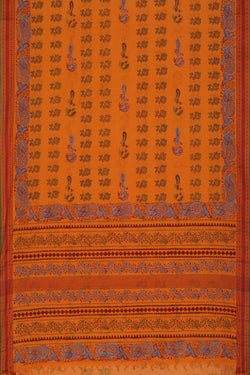 Image of Mustard yellow hand block printed south cotton saree.