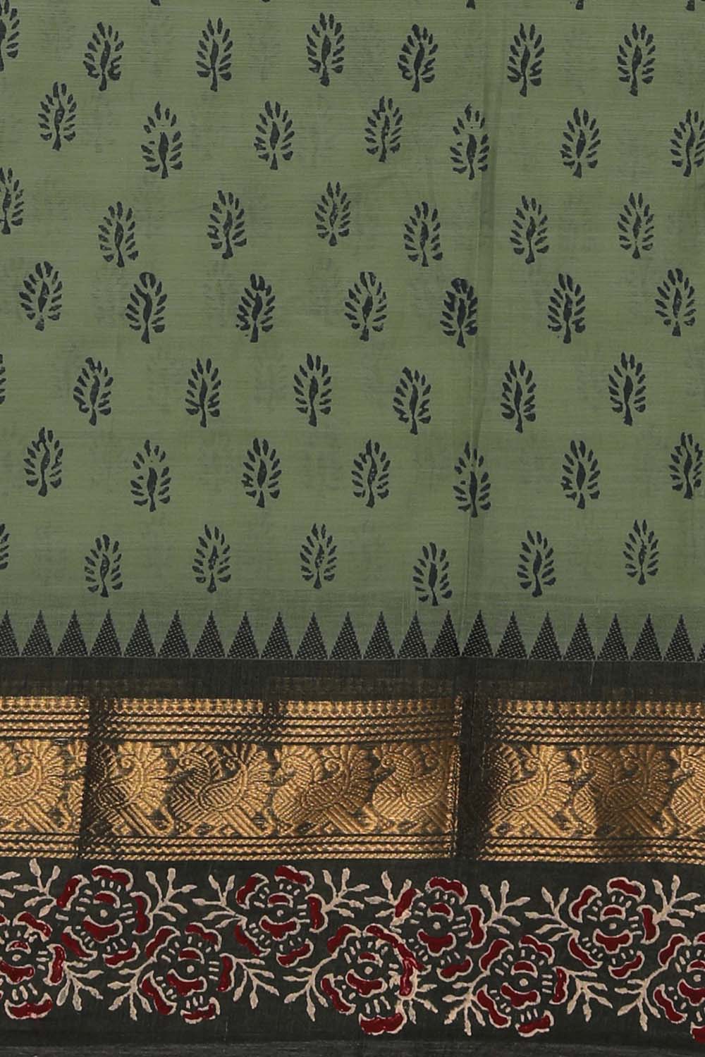 Image of Sage Green Block Printed South Cotton Saree