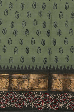 Image of Sage Green block printed south cotton saree.