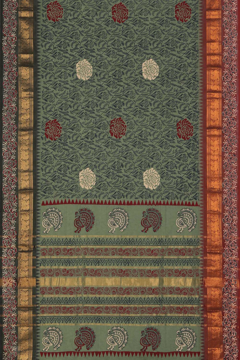 Image of Sage Green Block Printed South Cotton Saree