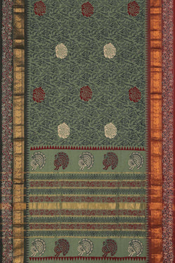 Image of Sage Green block printed south cotton saree.