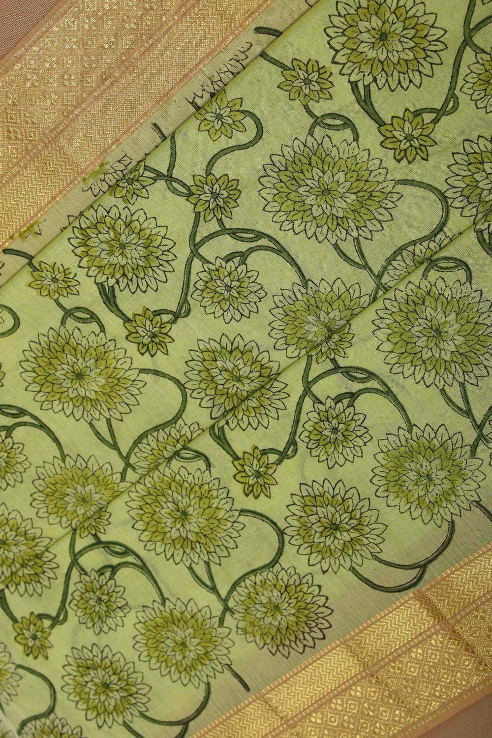 Image of Light Green block printed south cotton saree