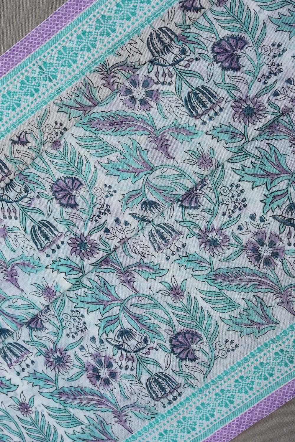 Image of Cream with teal block print south cotton saree