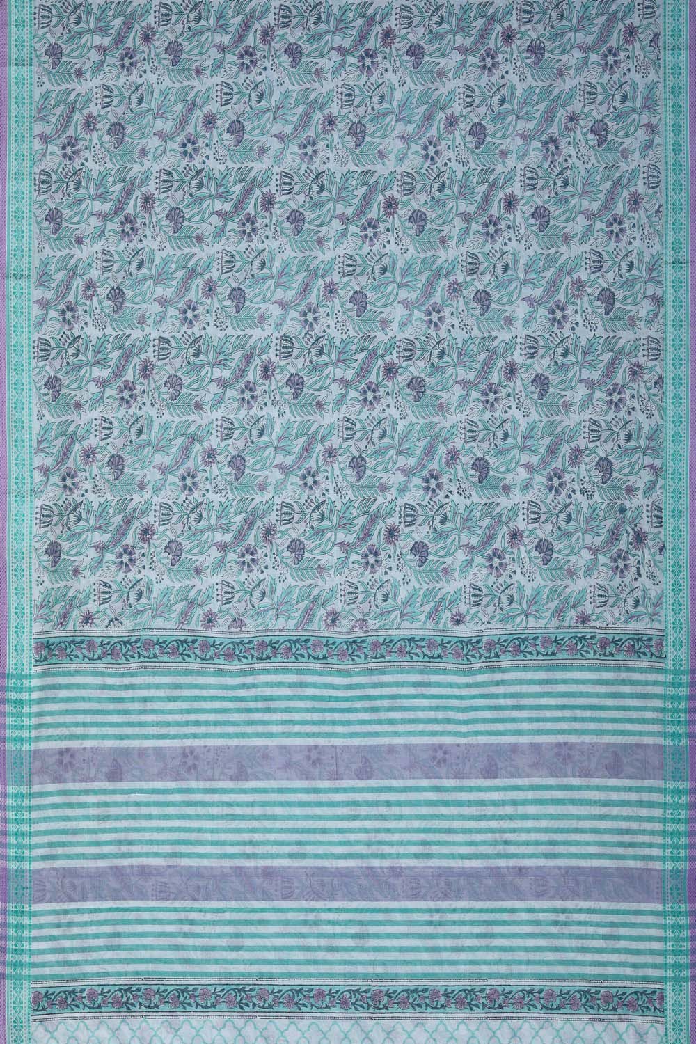 Image of Cream with teal block print south cotton saree