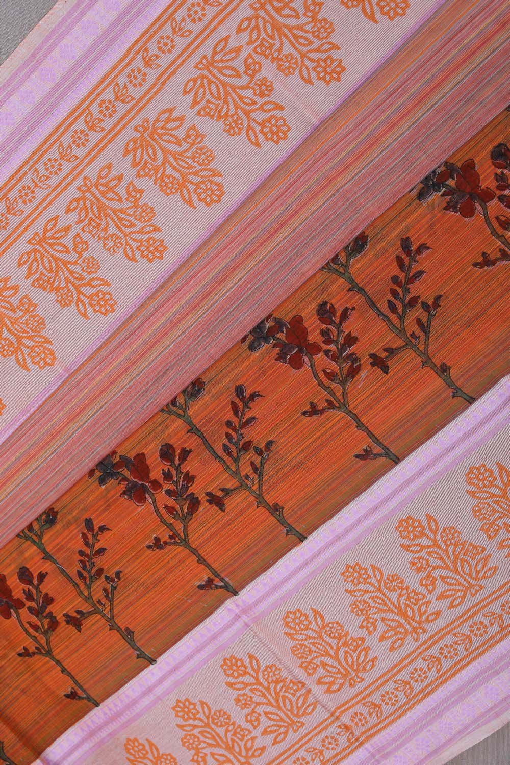 Image of Peach floral block printed south cotton saree