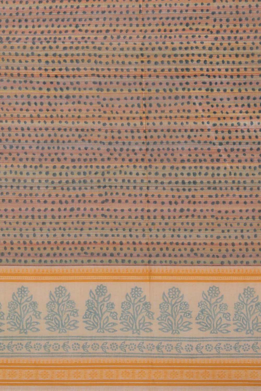 Image of Sky Blue stripe weave block printed south cotton saree