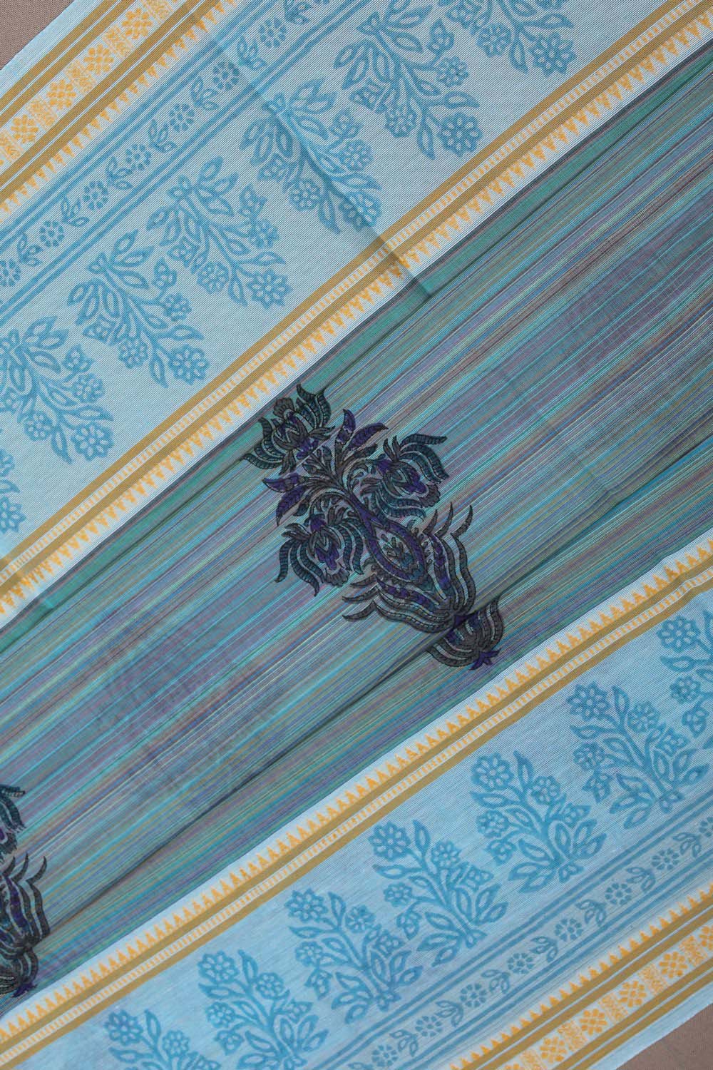 Image of Sky Blue stripe weave block printed south cotton saree