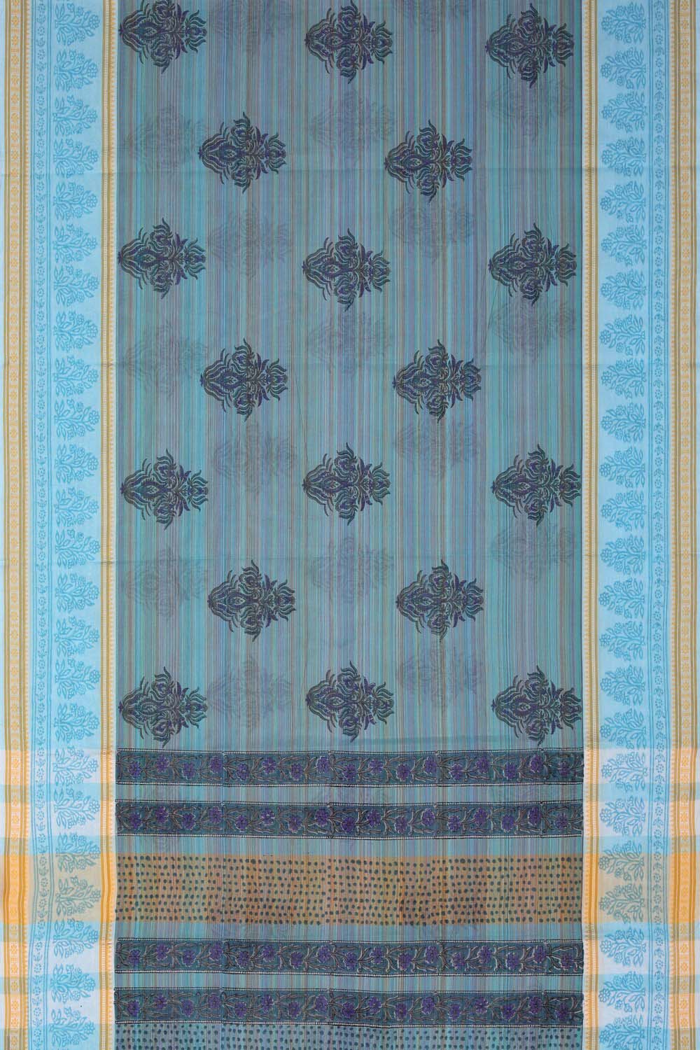 Image of Sky Blue stripe weave block printed south cotton saree