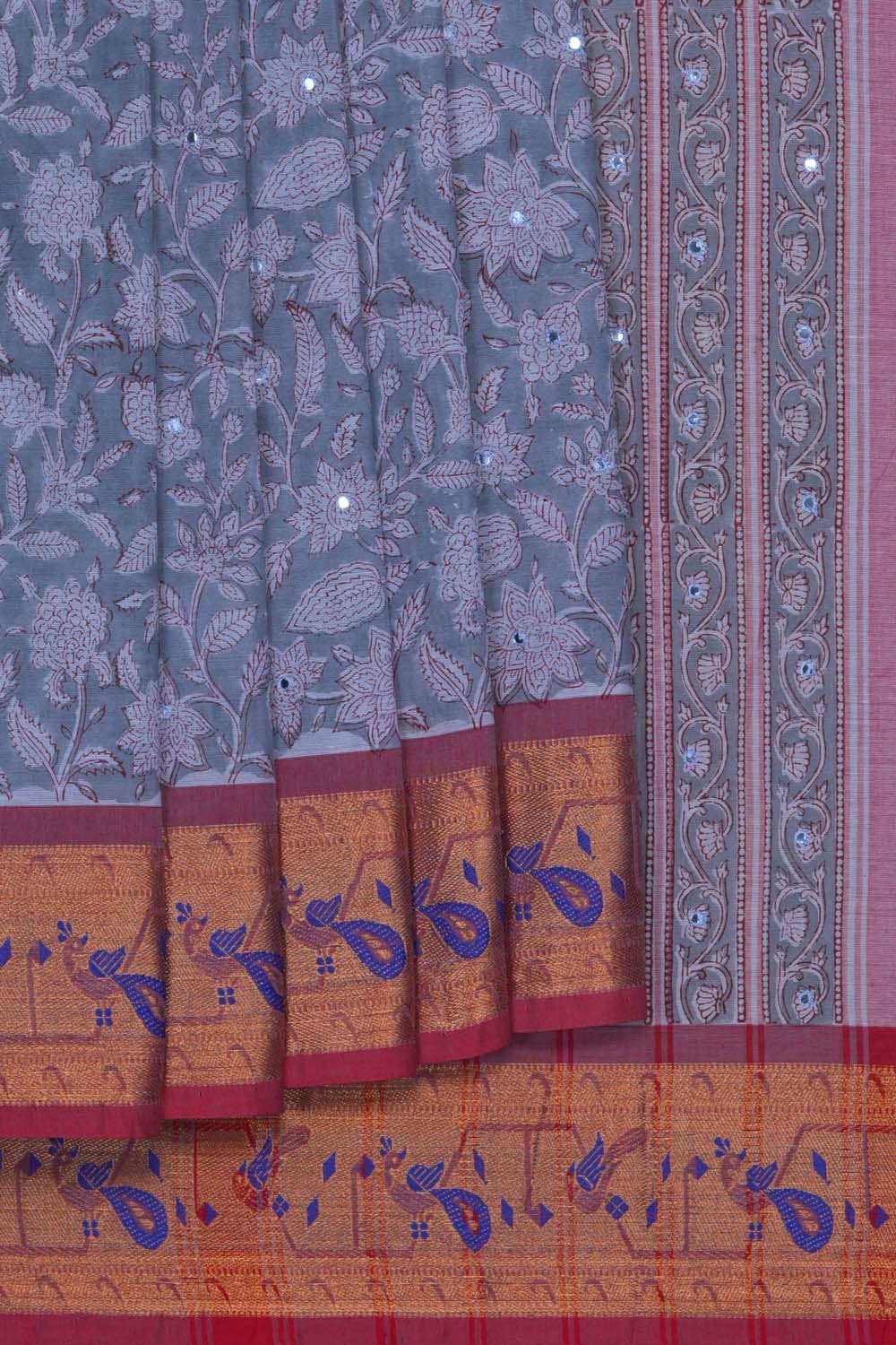 Image of Grey floral jaal block printed south cotton saree