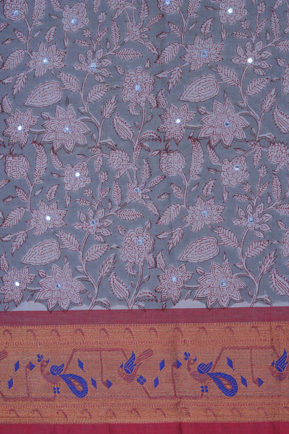 Image of Grey floral jaal block printed south cotton saree