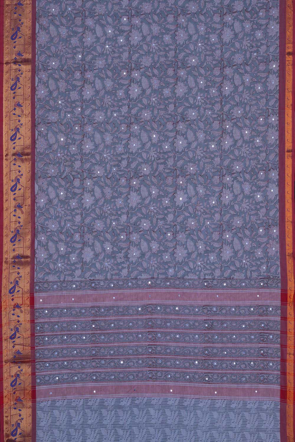 Image of Grey floral jaal block printed south cotton saree
