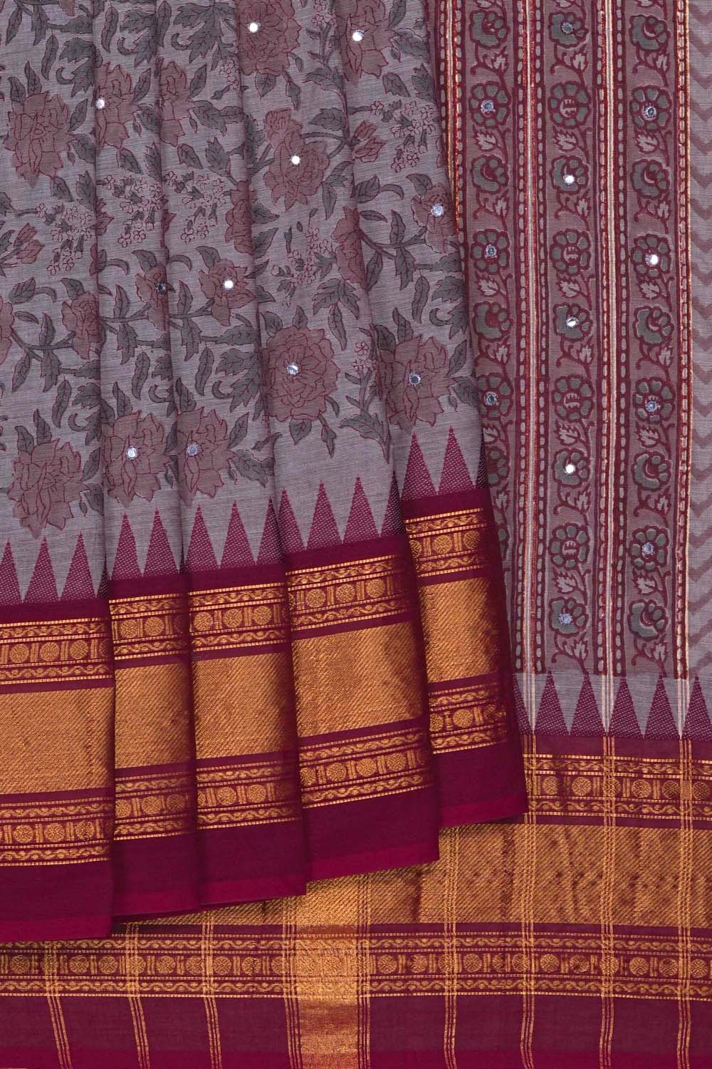 Image of Ligth Grey with floral jaal block printed cotton saree