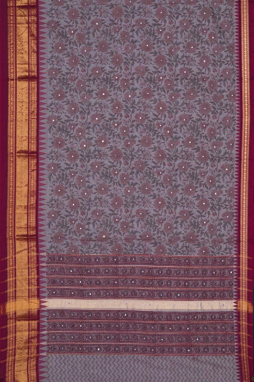 Image of Ligth Grey with floral jaal block printed cotton saree