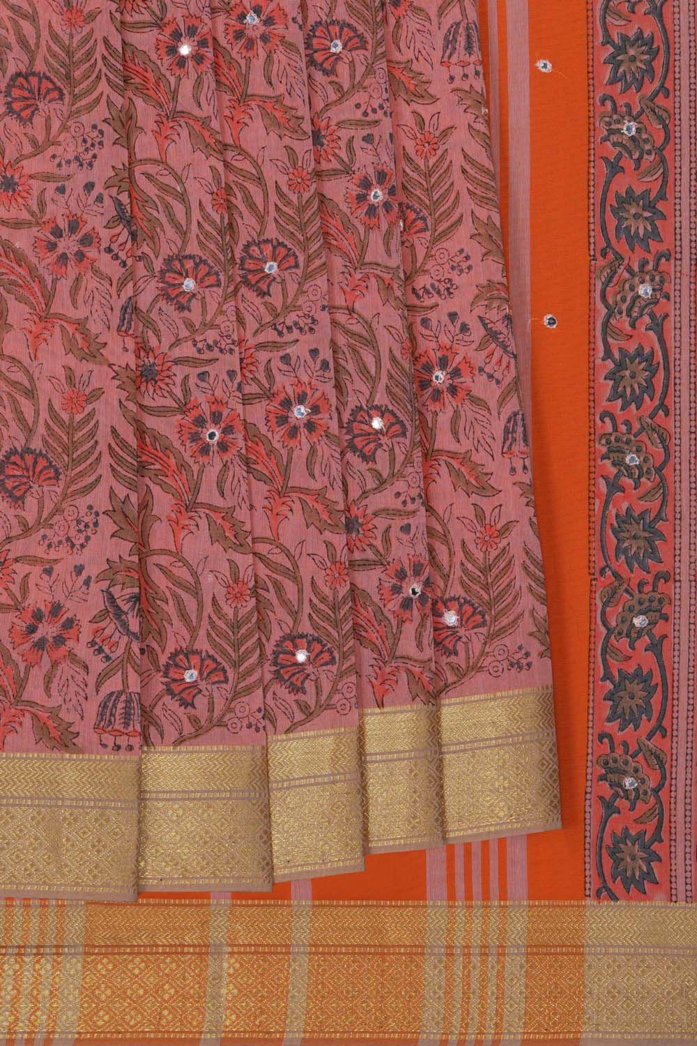 Image of Pink with floral jaal block printed cotton saree