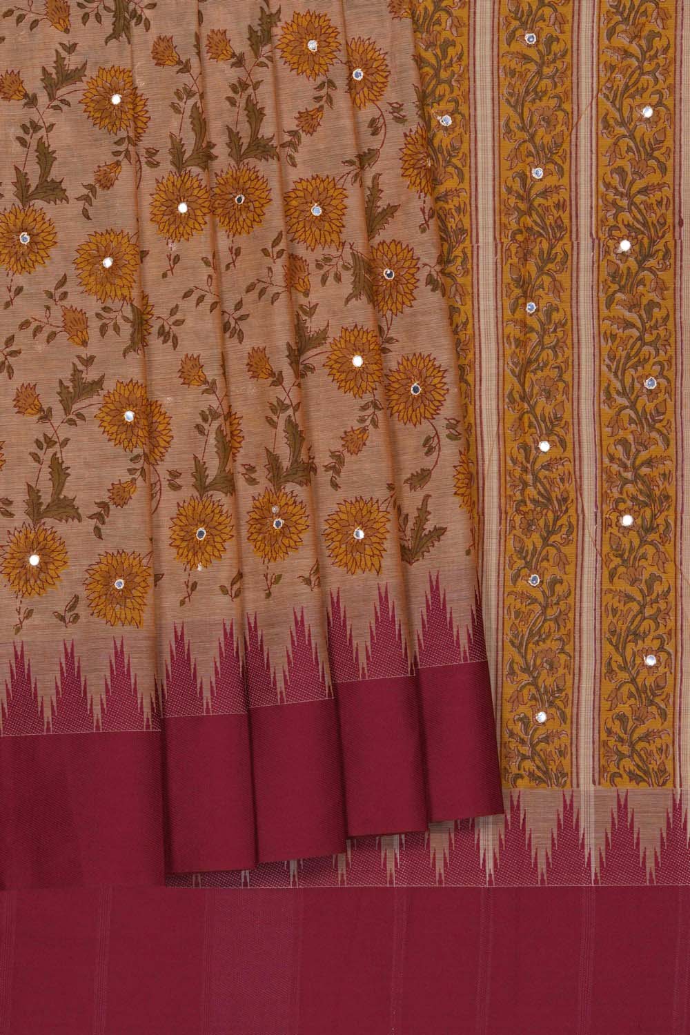 Image of Beige with floral jaal block printed cotton saree