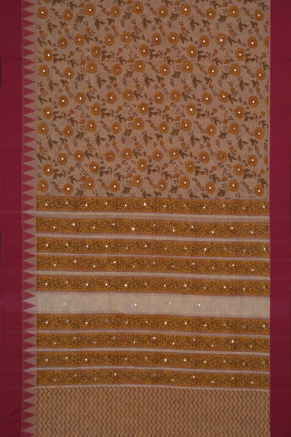 Image of Beige with floral jaal block printed cotton saree