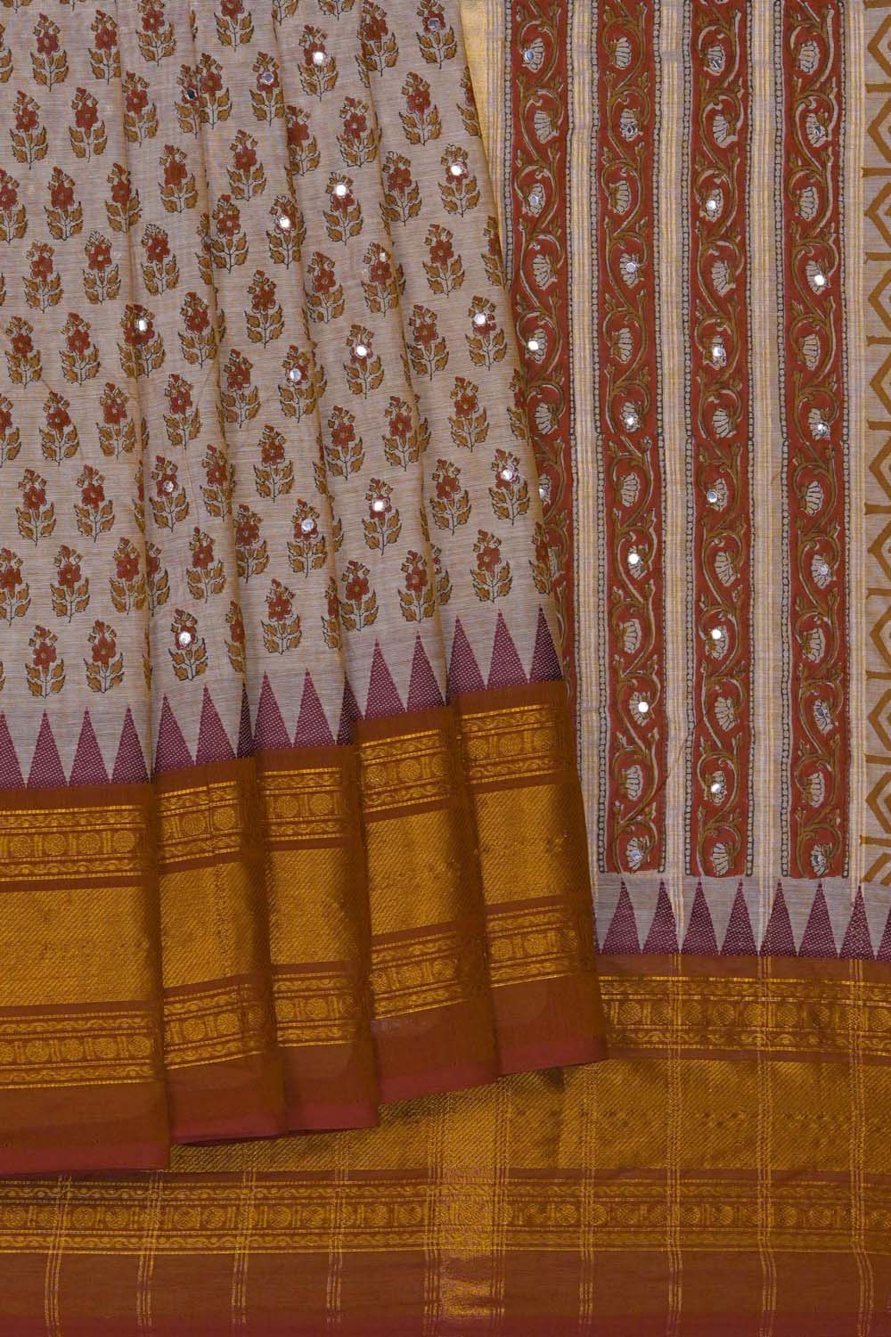 Image of Beige with buti jaal block printed cotton saree
