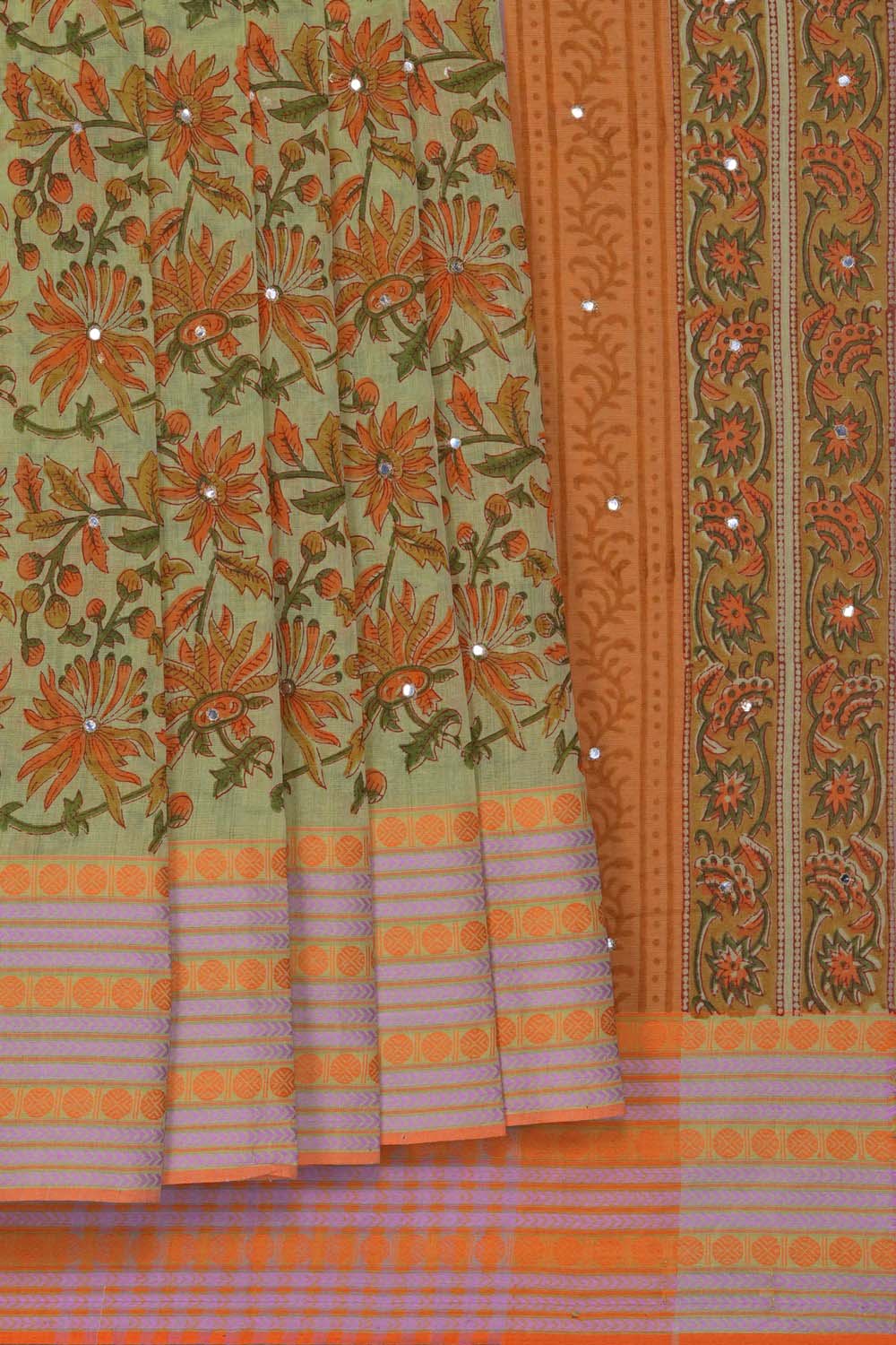 Image of Green & Orange floral jaal block printed cotton saree