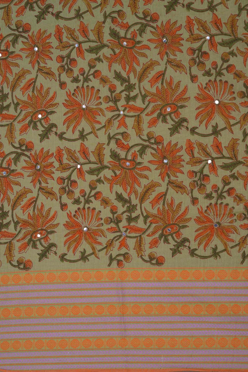 Image of Green & Orange floral jaal block printed cotton saree