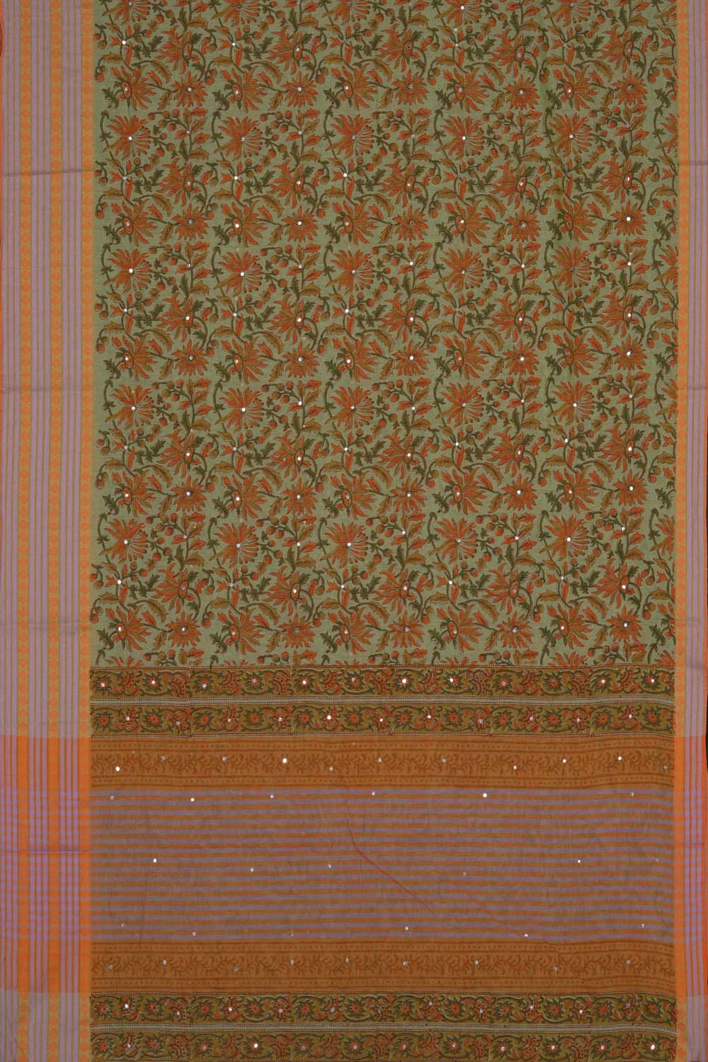Image of Green & Orange floral jaal block printed cotton saree