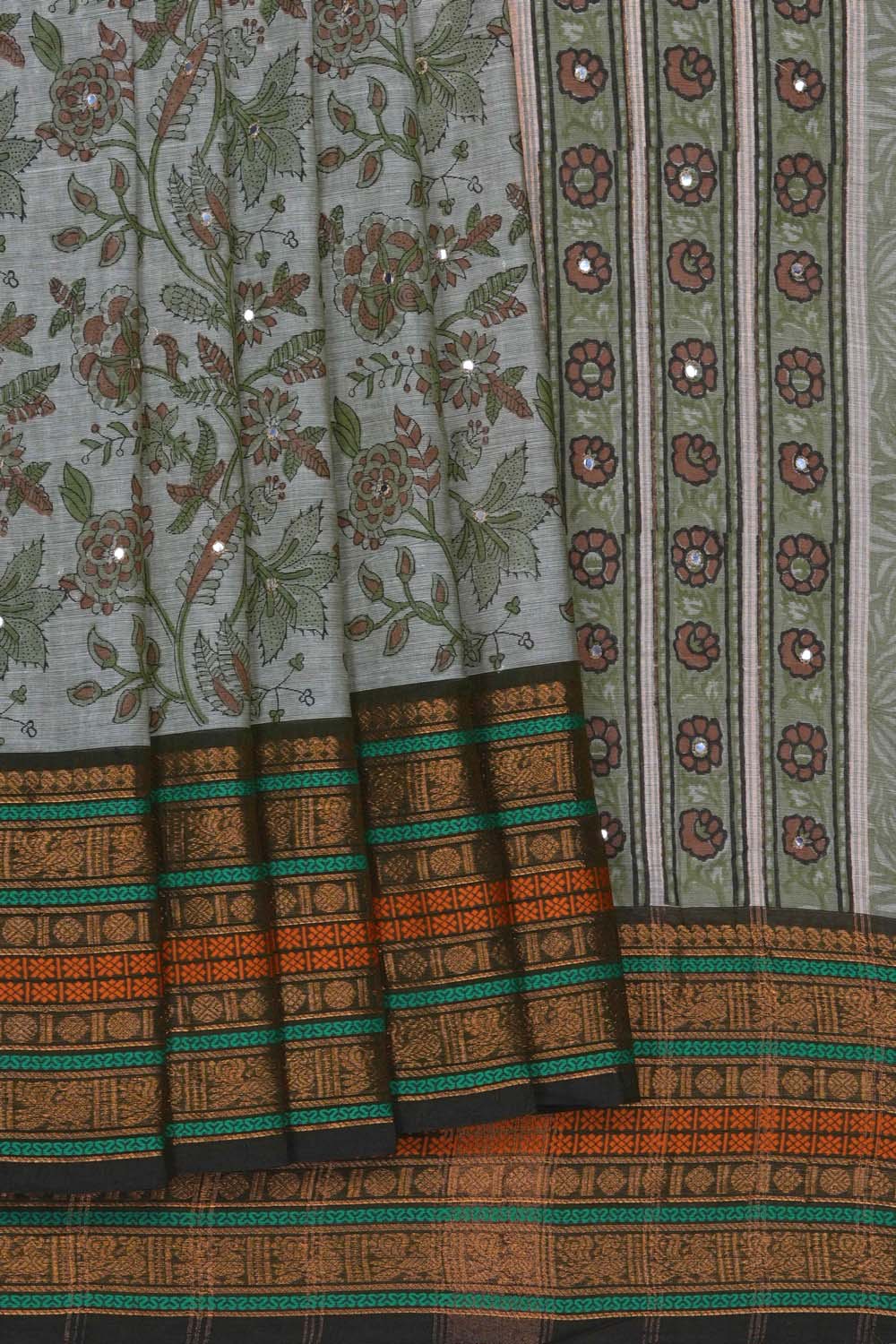 Image of Light Green with floral jaal block printed cotton saree