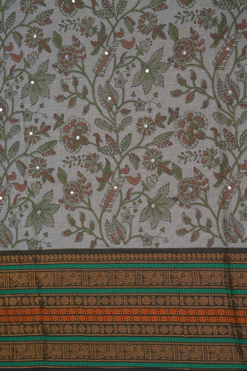 Image of Light Green with floral jaal block printed cotton saree