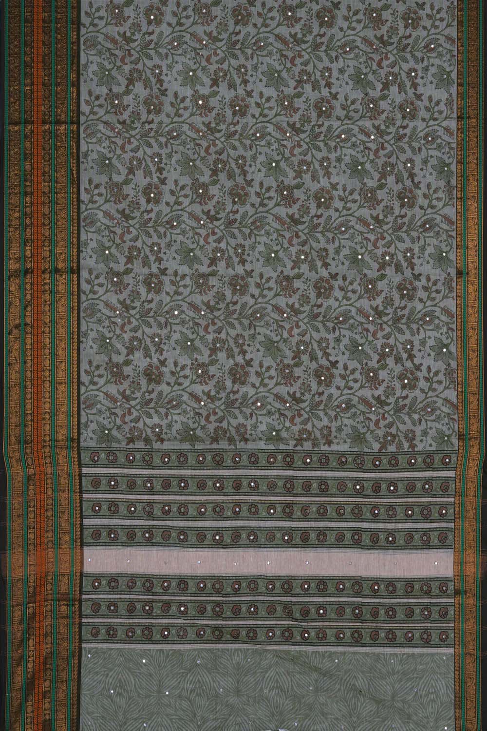 Image of Light Green with floral jaal block printed cotton saree