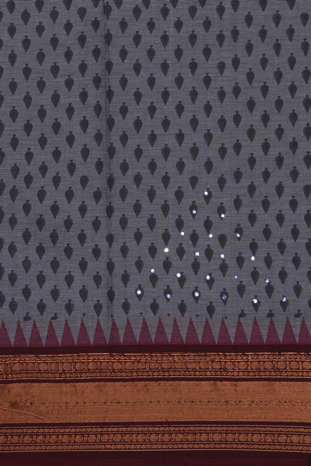 Image of Grey with Maroon floral jaal block printed cotton saree