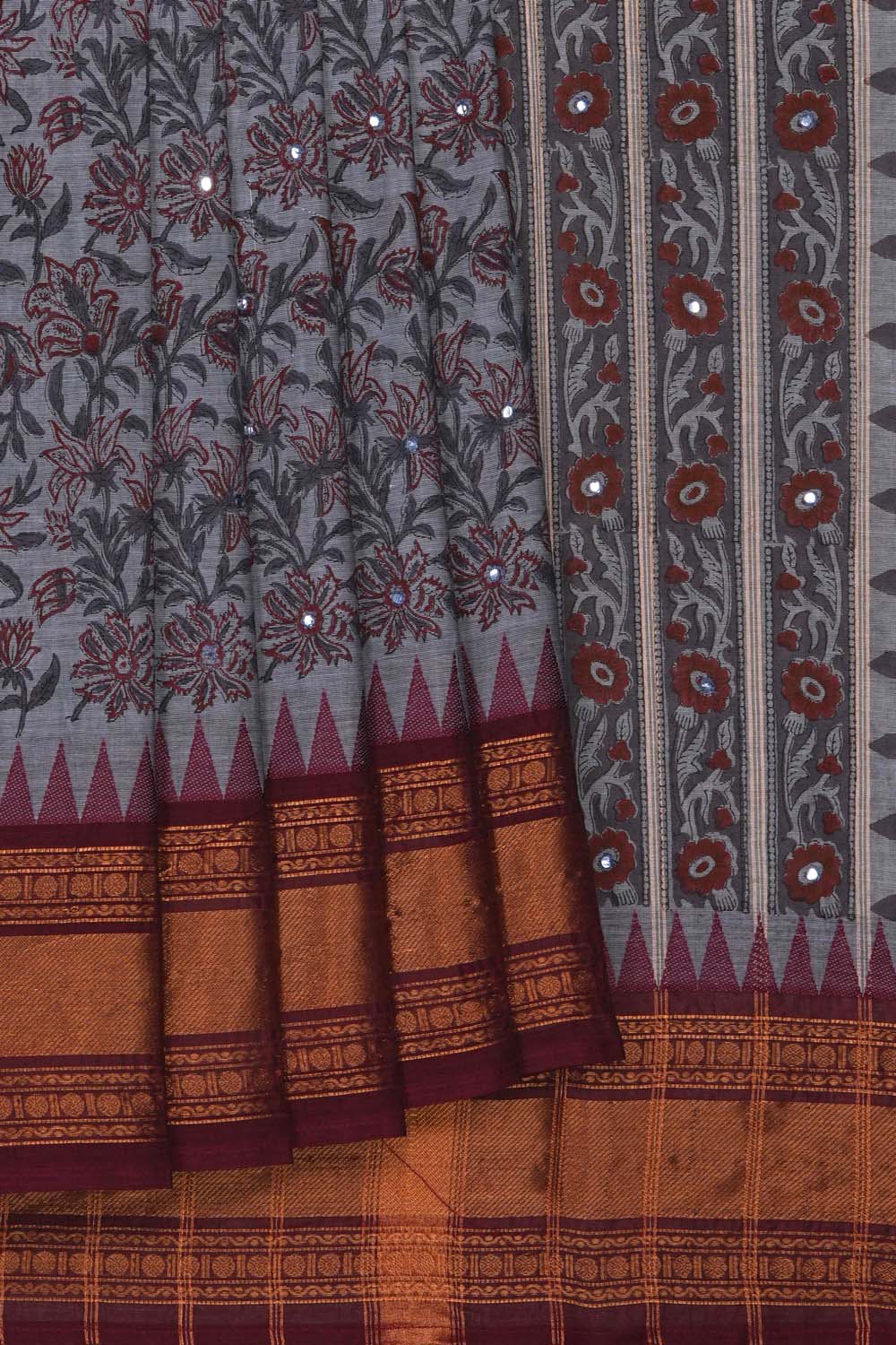 Image of Grey with Maroon floral jaal block printed cotton saree