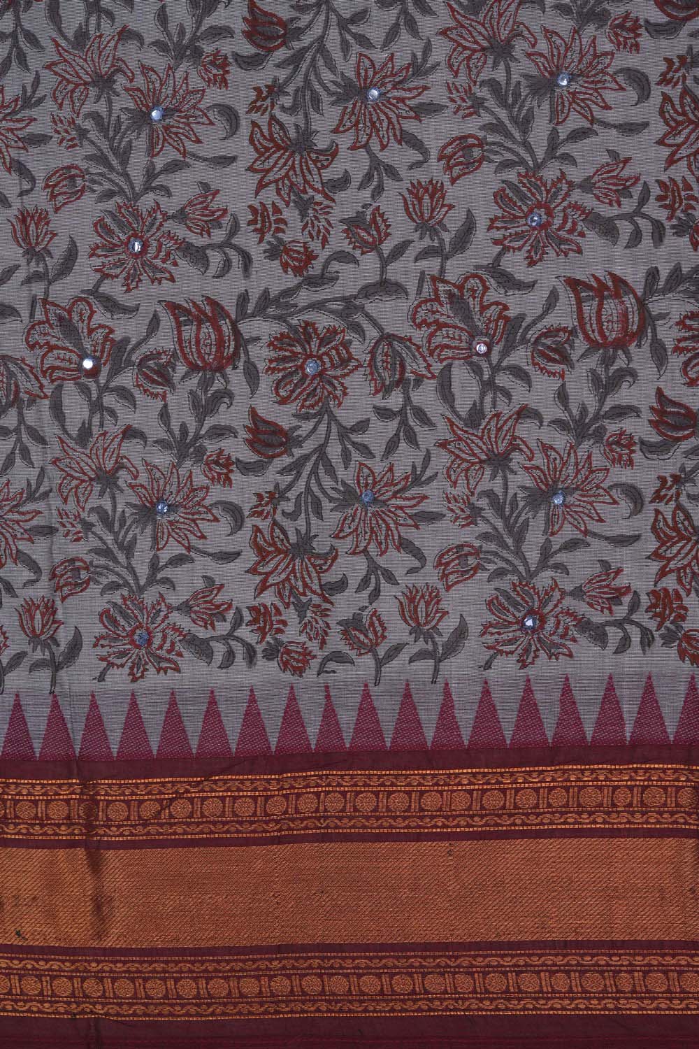 Image of Grey with Maroon floral jaal block printed cotton saree