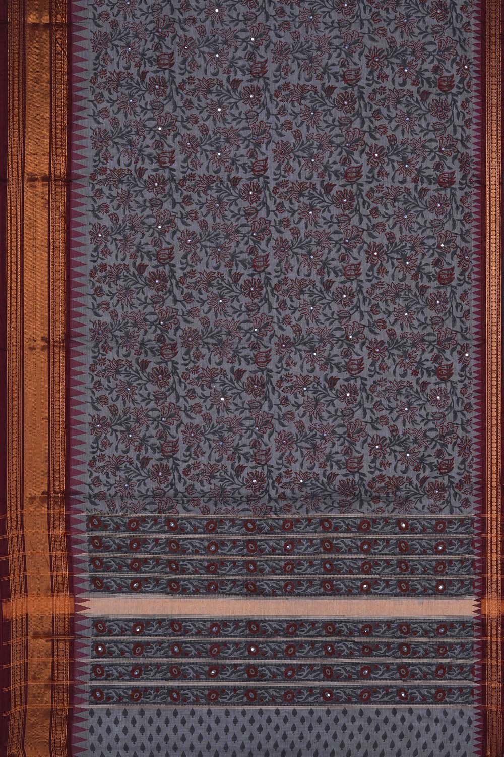 Image of Grey with Maroon floral jaal block printed cotton saree