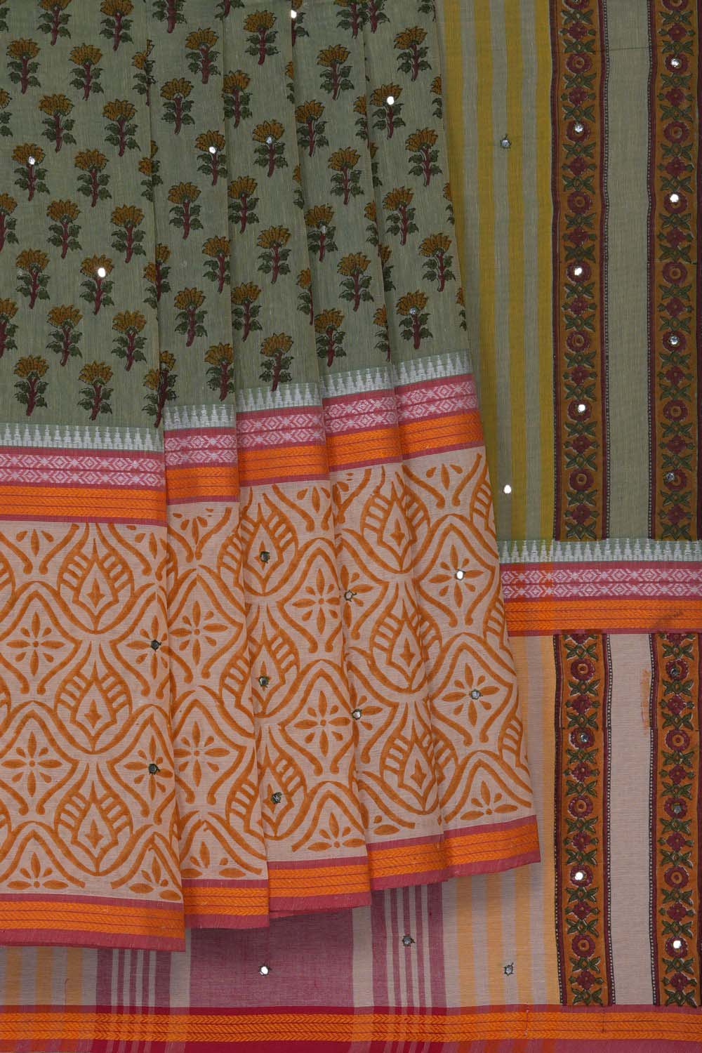 Image of Sage Green buti jaal block printed south cotton saree