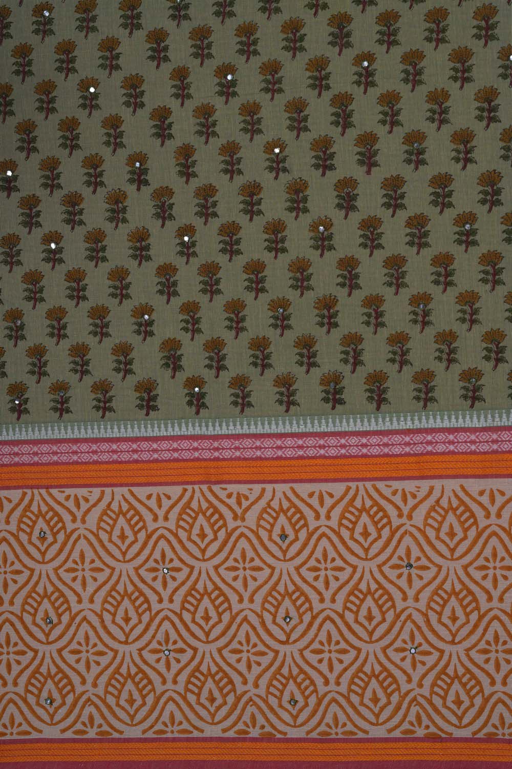 Image of Sage Green buti jaal block printed south cotton saree