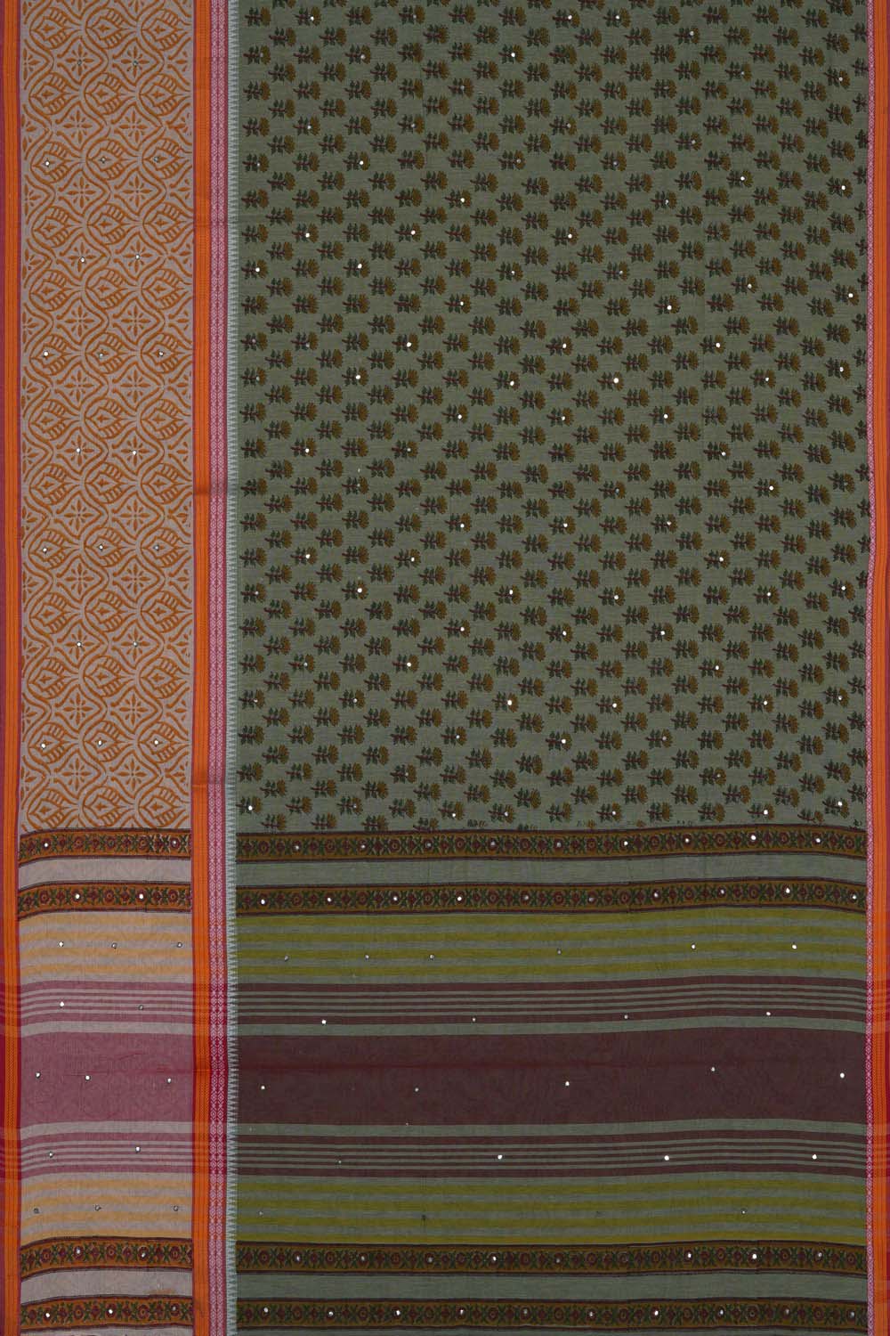 Image of Sage Green buti jaal block printed south cotton saree