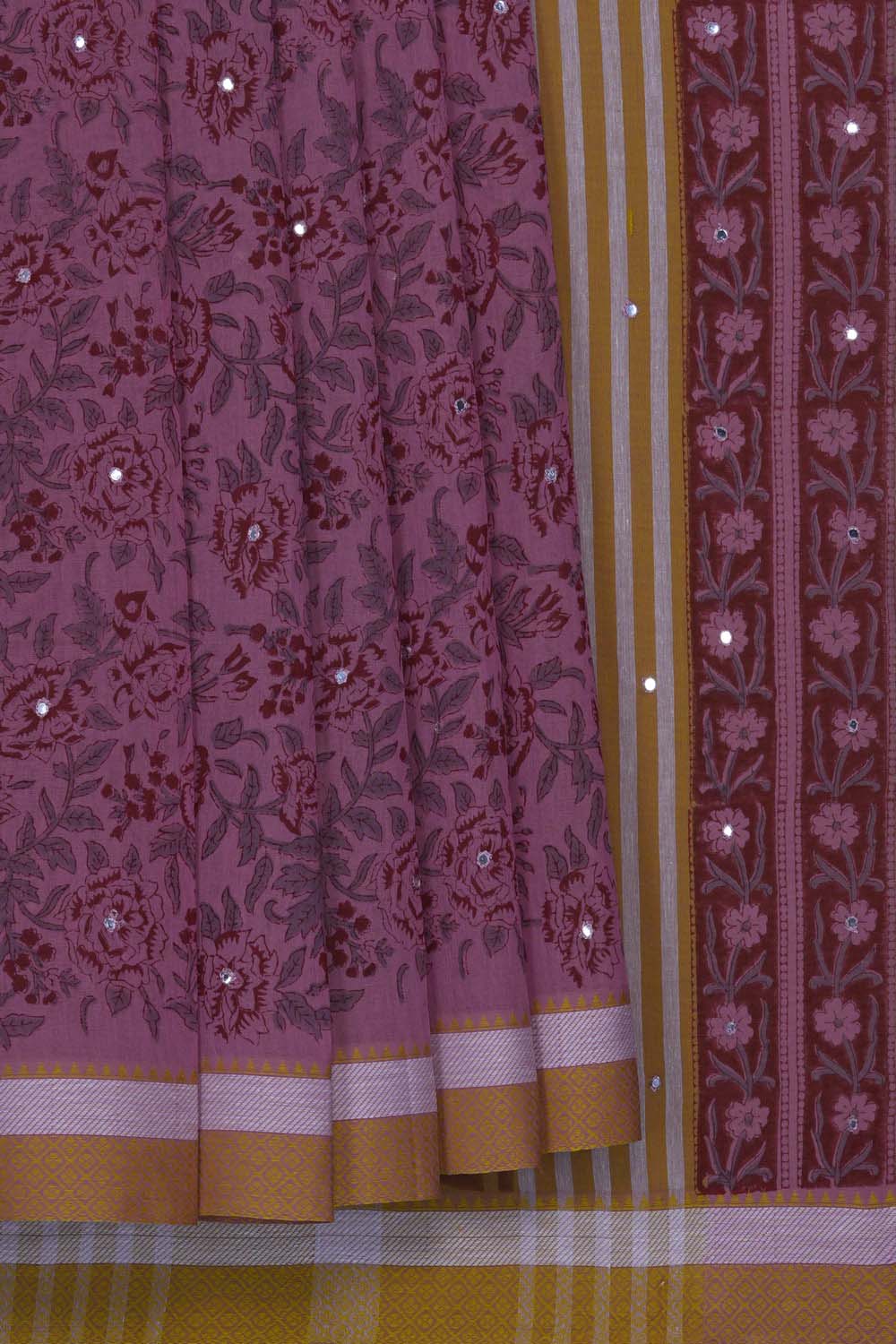 Image of Dusty Pink floral jaal block printed south cotton saree