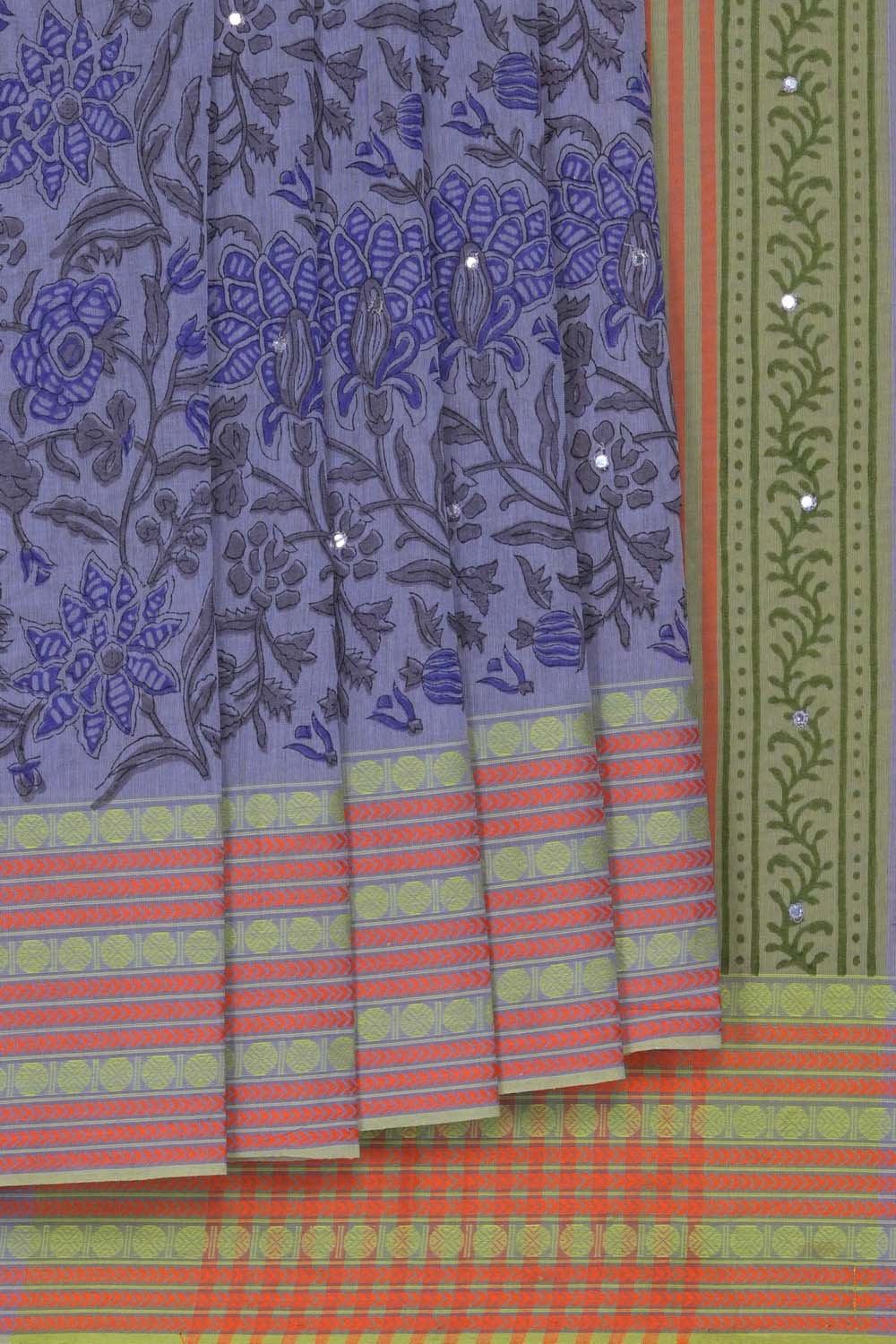 Image of Grey with violet floral jaal block printed cotton saree