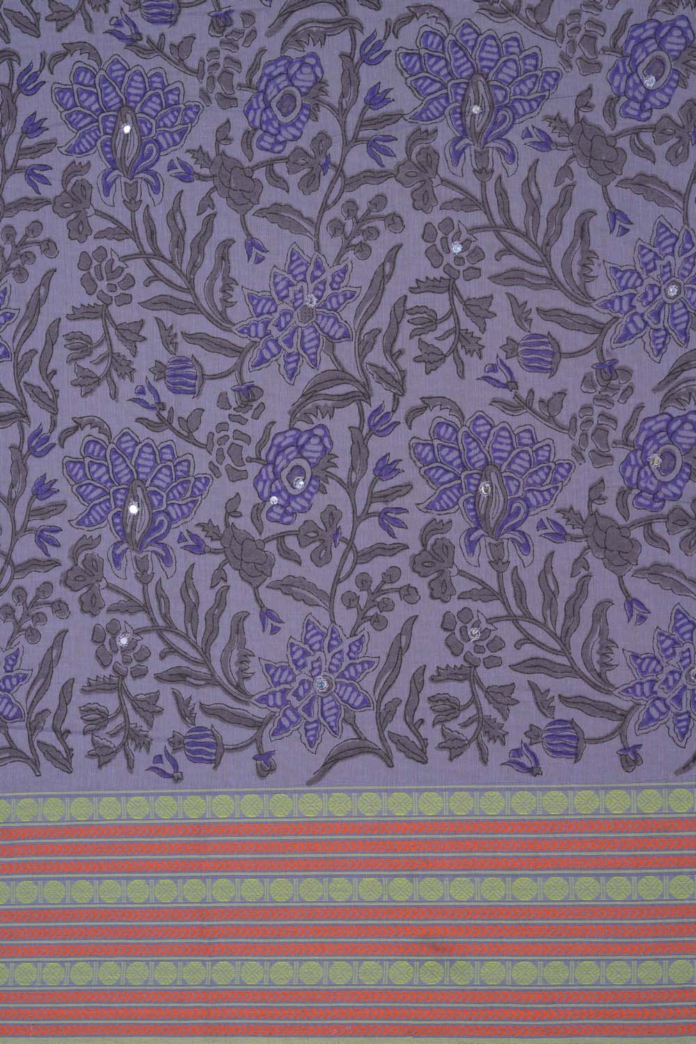 Image of Grey with violet floral jaal block printed cotton saree