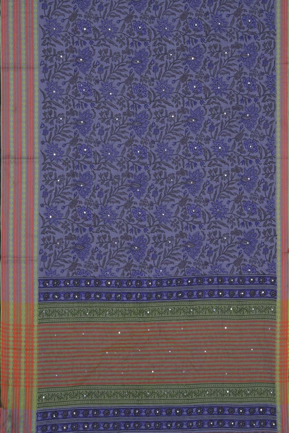 Image of Grey with violet floral jaal block printed cotton saree