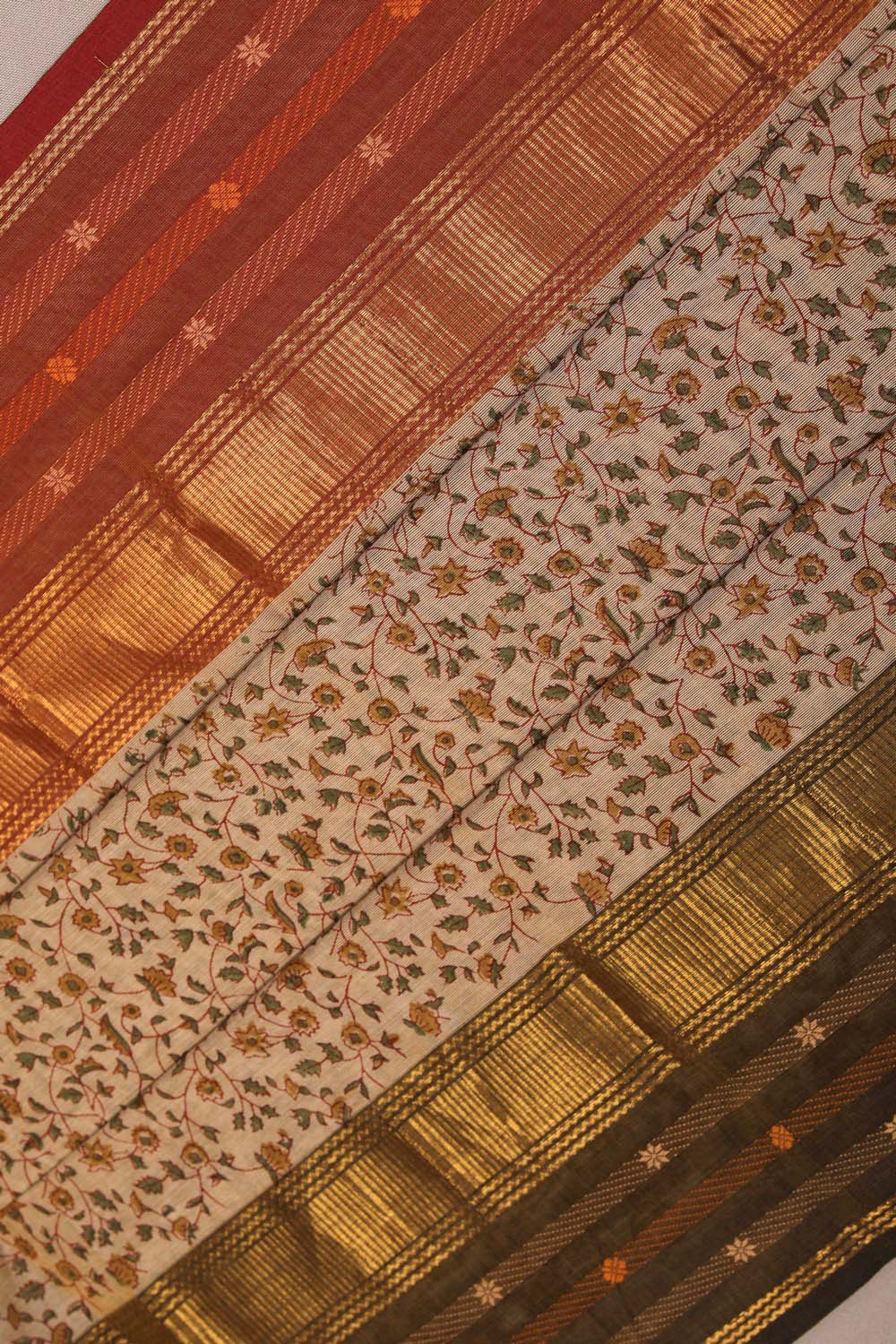 Image of Beige block printed cotton saree