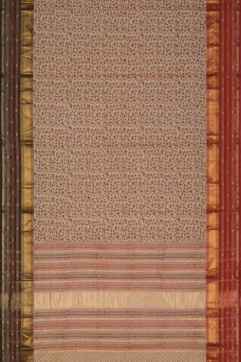 Image of Beige block printed cotton saree