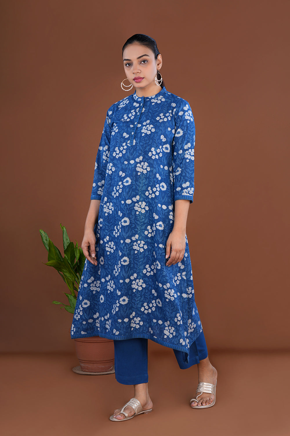 Image of Steel Blue Bagru cotton handblock printed kurta