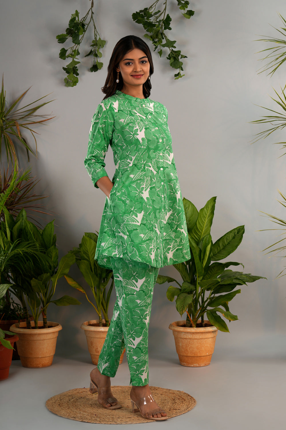 Image of Green Sanganeri block printed co-ord set