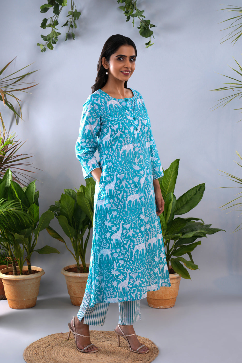 Image of Cloud blue Sanganeri block printed kurta set